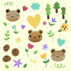 set of cute summer stickers. three bear cubs, cookies, forest, flowers, hearts. bright children's illustration