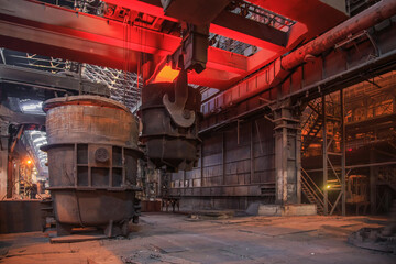 Steel casting ladle in workshop of iron foundry.