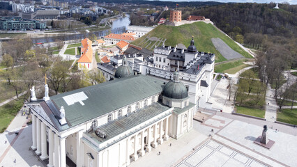 Fototapeta premium Arial view for Vilnius cathedral with Gedimino tower and Palace of Lithuanias Kings