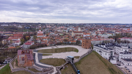 Naklejka premium Arial , Birds Eye View Of The City Of Vilnius with Gedimino tower and Palace of Lithuanias Kings