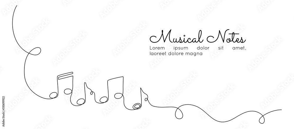 Fototapete One continuous line drawing of musical notes. Minimalist logo and symbol of sound and music school in simple linear style. Editable stroke. Doodle vector illustration 