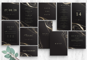 Elegant Black Gold Wedding Stationery with Invitation Save the Date Card - obrazy, fototapety, plakaty