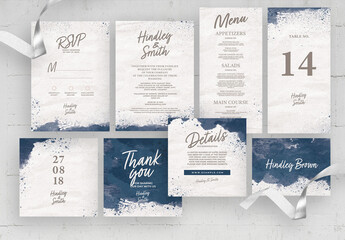 Elegant White Blue Wedding Invite Stationery with Paint Splatters - obrazy, fototapety, plakaty