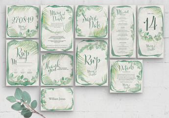 Wedding Invitation Set with Green Watercolor Leaves Foliage