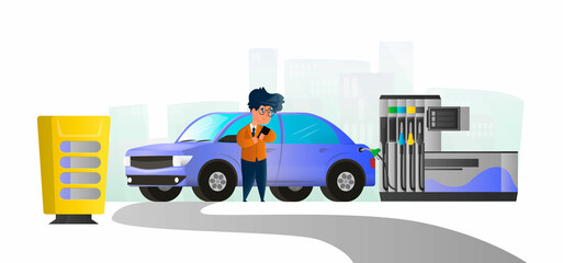 Vector cartoon illustration of man with car on gas station who are paying for petrol online. He also looking on tablo with prices. Concept of paying for petrol online, modern technology.