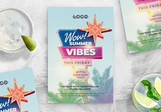 Party Flyer Poster with 3D Retro Neon Signage