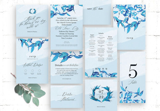 Wedding Invite Flyers with Blue Leaves