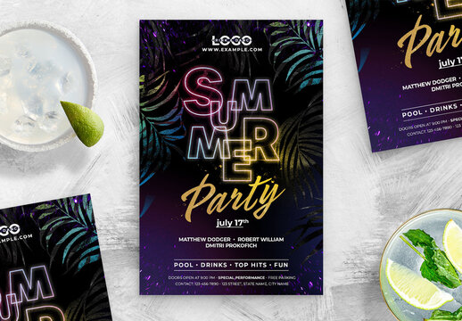 Summer Nightclub Dj Flyer with Neon Text