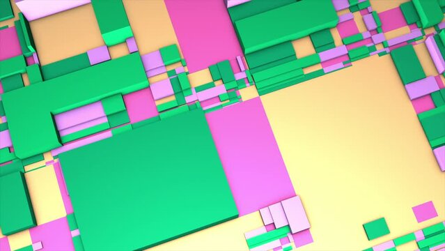 Abstract colorful geometric 3D rectangles, expanding surface. Motion. Many blocks of different size and colors.