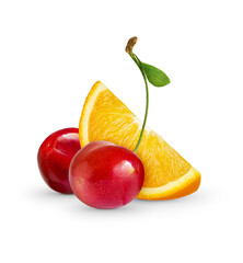 Two ripe cherries with leaf on thin branch and one orange slice isolated on white background. Whole...