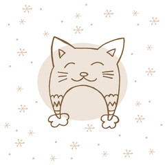 A hand-drawn winter clothing. Vector illustration in doodle style. Winter mood. Hello 2023. Merry Christmas and Happy New Year. Brown hat with ornament, pompon and cat ears on a white background.