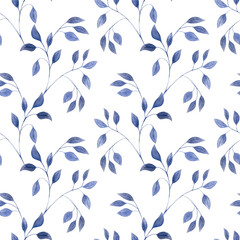 Watercolor seamless pattern with blue twigs of leaves, small leaves on a white background. Nature, plants, foliage. Botanical illustration for fabrics, dresses, interiors