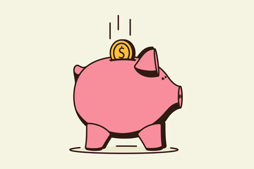 Outline piggy bank symbol. Piggy bank with falling coin