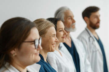 Group of professional doctors standing in a line at the modern clinic