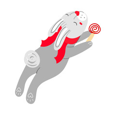Funny cartoon rabbit in red scarf with candy . Vector illustration on a white background 