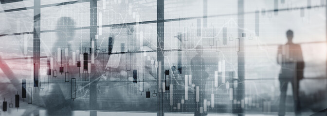 Economic growth graph chart. Double exposure mixed media