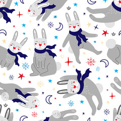 Seamless pattern with rabbits, snowflakes and stars. Rabbits seamless background.Symbol of 203 year. Vector illustration
