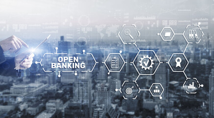 Open Banking Online Finance Concept. Man clicks on a virtual screen inscription