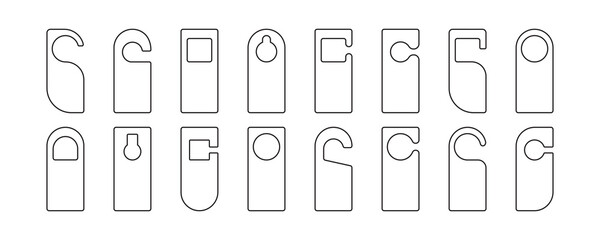 Door hanger vector, hotel sign template, hang tag, disturb mockup line icon, paper blank set isolated on white background. Warning illustration