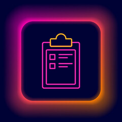 Glowing neon line Sport training program or fitness plan icon isolated on black background. Colorful outline concept. Vector
