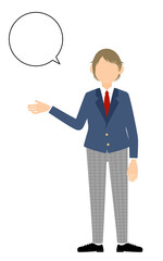 ジェンダーレス生徒、ブレザーの制服、話しかける（吹き出しつき）