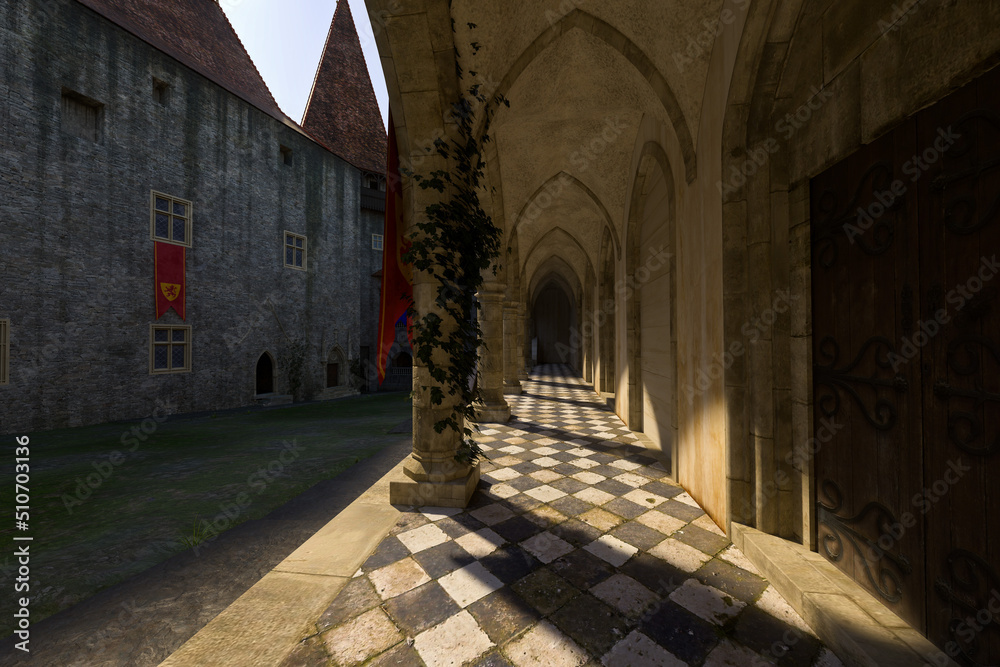 Poster Path with tiled floor in a medieval castle courtyard. 3D rendering.