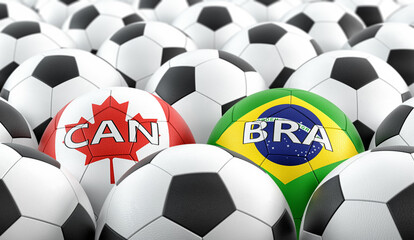 Brazil vs. Canada Soccer Match - Soccer balls in Brazil and Canada national colors on a soccer field. 3D Rendering 