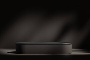 Dark black podium on light background. Minimal pedestal cosmetic backdrop for product presentation. Stage showcase. 3d rendering