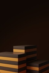 Minimalist orange and black podium or pedestal for product showcase background. Geometric shapes. Empty black background mock up stage. 3d render illustration