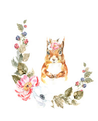 Watercolor woodland animal boho squirrel botanical frame isolated cute animal. Nursery woodland wreath illustration. Bohemian animal for baby shower invitation, nursery decor, print, greeting card diy