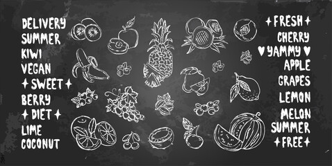 Vector set of fruits by chalk on blackboard, hand written words with decoration elements, chalckboard with tropical fruits for design's cafe menu and shop, elemets for kithen's interior