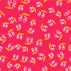 Line Drop of water drops from pipette on plant icon isolated seamless pattern on red background. Medical or agricultural experiments. Fertilizers and pesticides. Vector