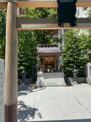 Little tiny shrine of Tokyo Japan, quaint scene on the street of Mitsukoshi area, year 2022 June 13th