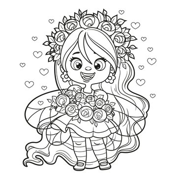 Cute cartoon little fairy with long hair holding a wreath outlined for coloring on white background