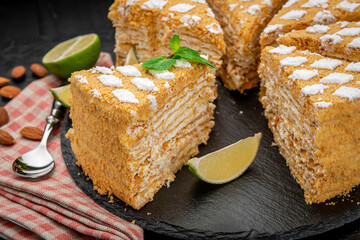 Delicious homemade honey cake on the table.