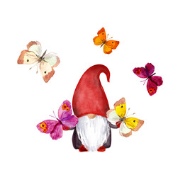Character gnome with butterflies. Beautiful spring, summer watercolor hand painted illustration