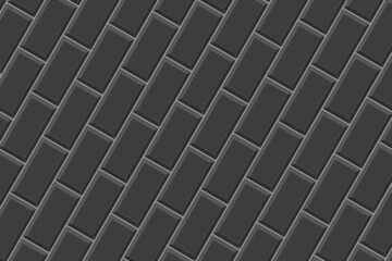Black rectangles tile diagonal arrangement background. Ceramic or stone brick wall texture. Kitchen backsplash or bathroom floor seamless pattern. Vector flat illustration