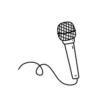 recommend clip art: Microphone with wire isolated on white background. Musical item for singing, performances, karaoke. Vector hand-drawn illustration in doodle style. Perfect for cards, decorations, logo.