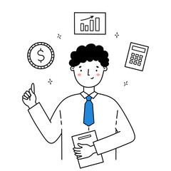Male financial advisor giving consultation. Budget analysis, business strategy, managing money, profit growth, professional assistance concept. Vector illustration in doodle style.