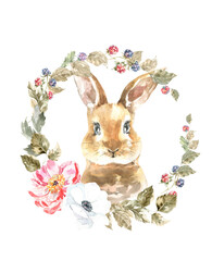 Watercolor woodland animal boho bunny botanical frame isolated cute animal. Nursery woodland illustration. Bohemian boho animals for baby shower invitation, nursery decor, print, greeting card diy