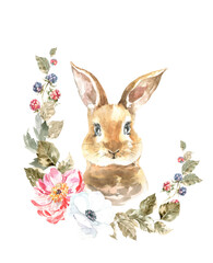 Watercolor woodland animal boho bunny botanical frame isolated cute animal. Nursery woodland illustration. Bohemian boho animals for baby shower invitation, nursery decor, print, greeting card diy