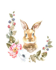 Watercolor woodland animal boho bunny botanical frame isolated cute animal. Nursery woodland illustration. Bohemian boho animals for baby shower invitation, nursery decor, print, greeting card diy