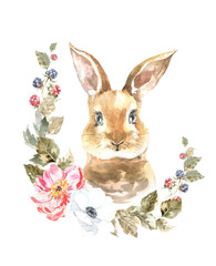 Watercolor woodland animal boho bunny botanical frame isolated cute animal. Nursery woodland illustration. Bohemian boho animals for baby shower invitation, nursery decor, print, greeting card diy