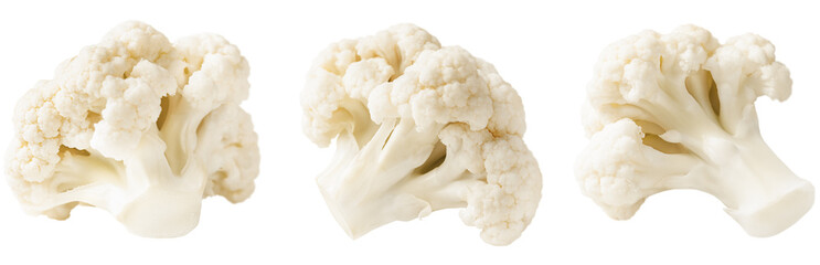 three cauliflower florets isolated on white background