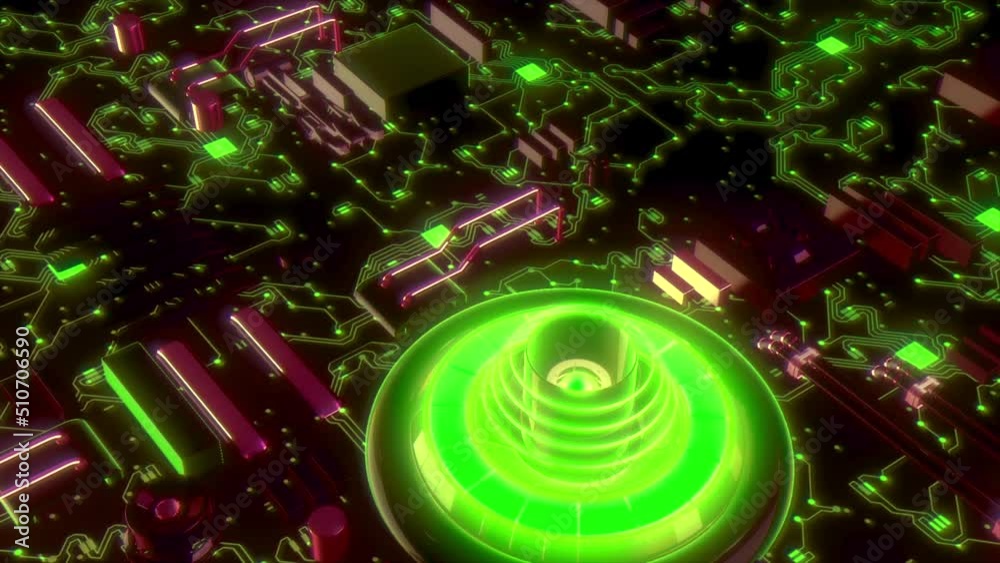 Poster advanced technology concept visualization. motion. circuit board cpu processor, artificial intellige