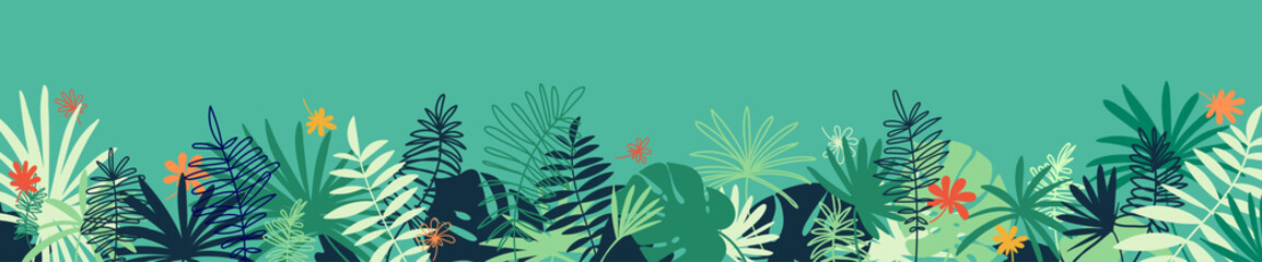 Vector tropical horizontal banner with copy space. Floral background with various palm leaves. Jungle summer backdrop. - obrazy, fototapety, plakaty