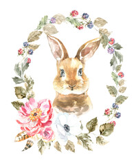 Watercolor woodland animal boho bunny botanical frame isolated cute animal. Nursery woodland illustration. Bohemian boho animals for baby shower invitation, nursery decor, print, greeting card diy