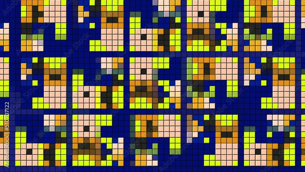 Poster retro pattern background with a design of construction game. motion. colorful rows of small squares 