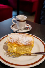 Austrian sweet dessert, filled with white cheese strudel served warm in traditional cafe in Vienna, Austria with cup of black coffee