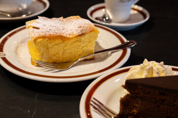 Austrian sweet dessert, filled with white cheese strudel served warm in traditional cafe in Vienna, Austria